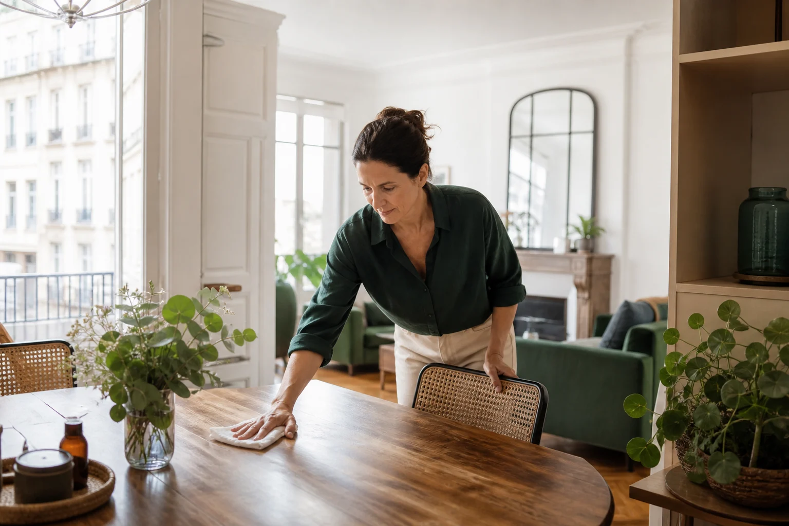Une professionnelle réalise l’entretien courant d’un appartement