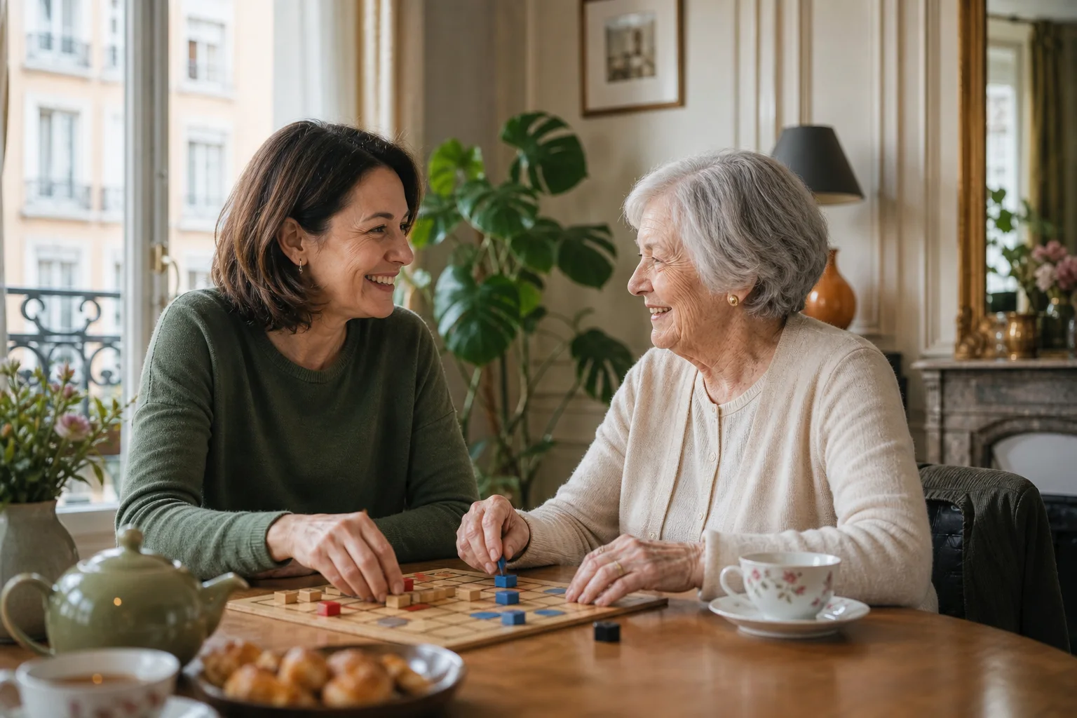 Une accompagnante partage un moment convivial avec une personne âgée à domicile