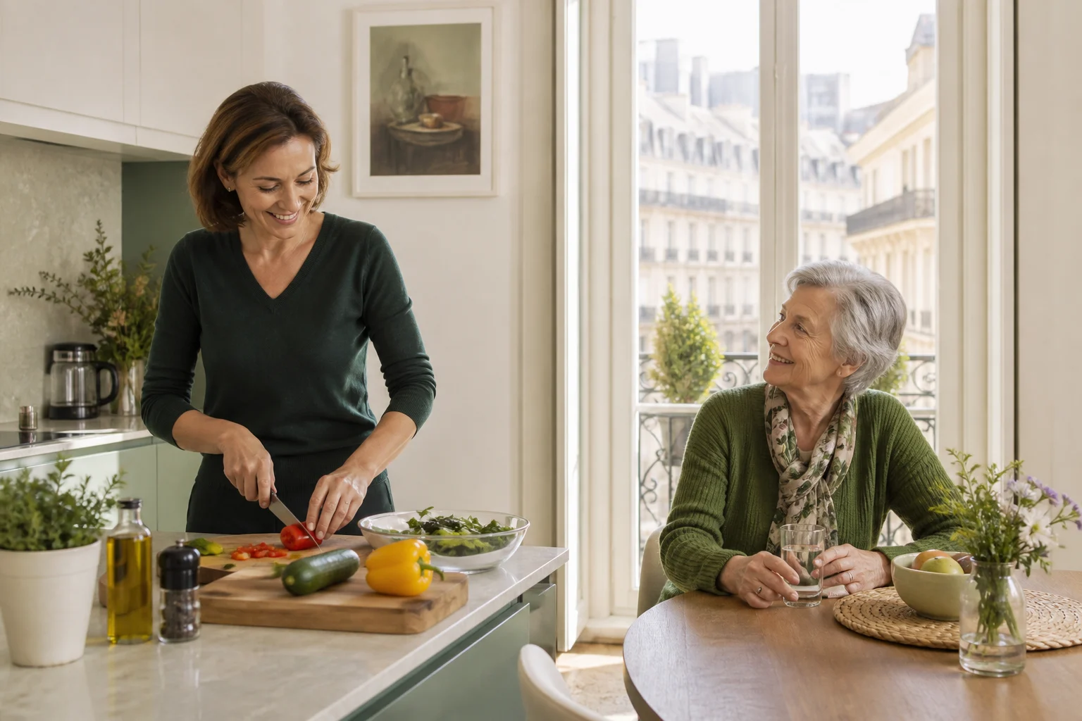 Une professionnelle prépare un repas frais au domicile d’une personne âgée