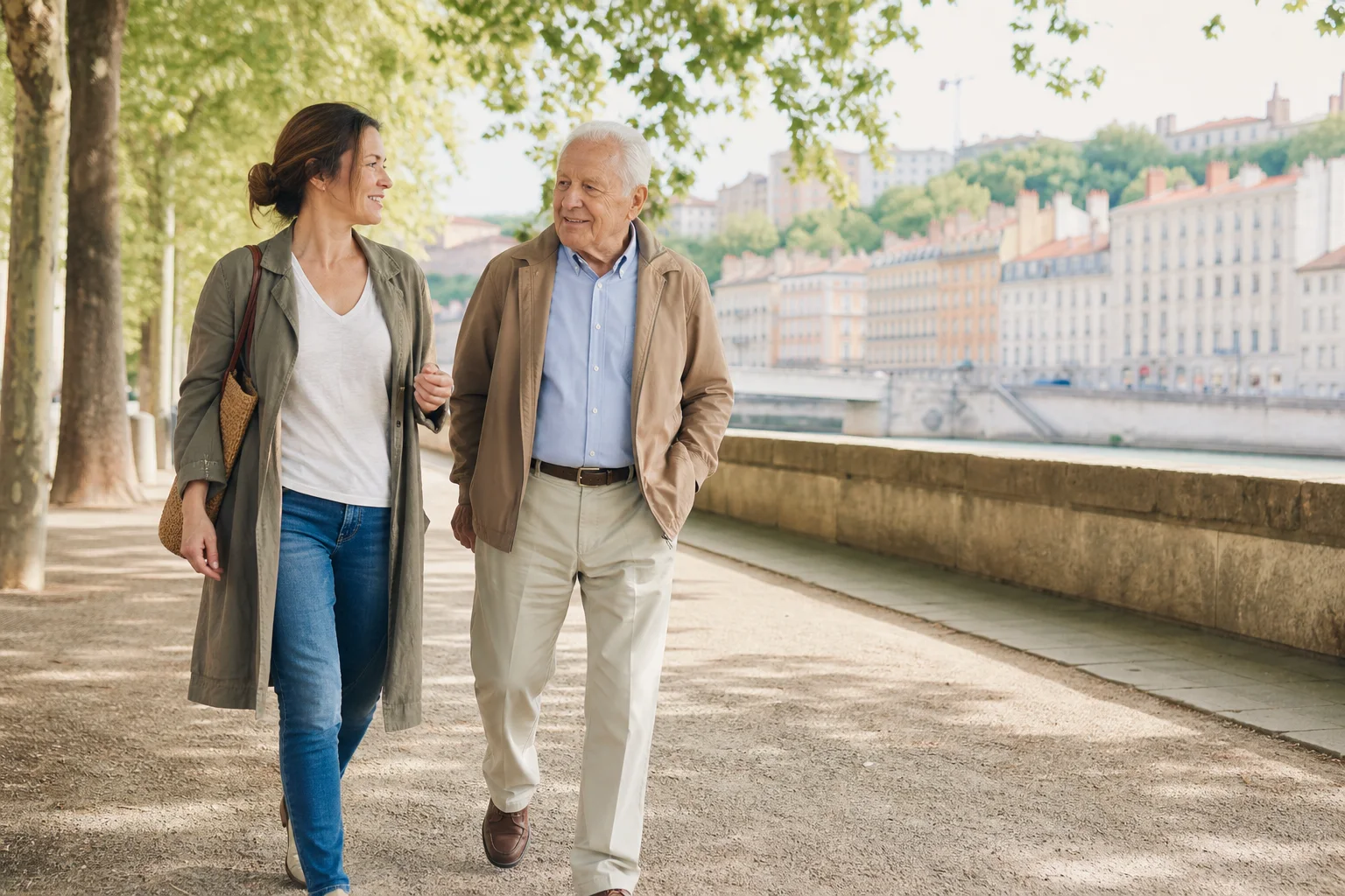 Une accompagnante marche aux côtés d’une personne âgée à Lyon